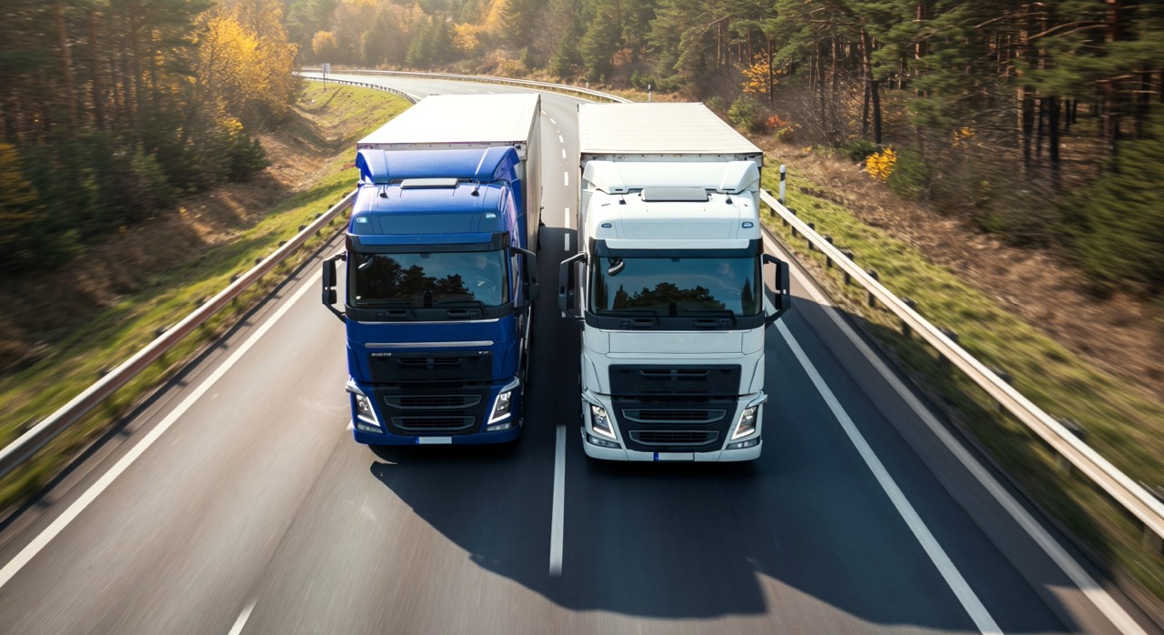 two-semi-trucks-driving-down-highway Large
